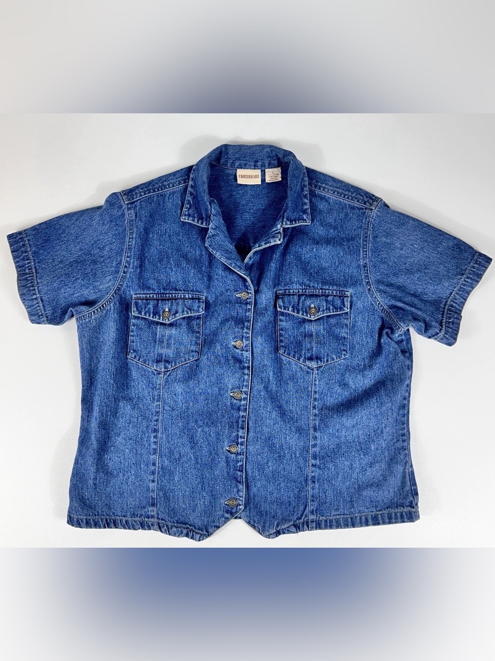 Crossroads Y2K Denim Button Front Shirt Womens Large Blue Short Sleeve Country